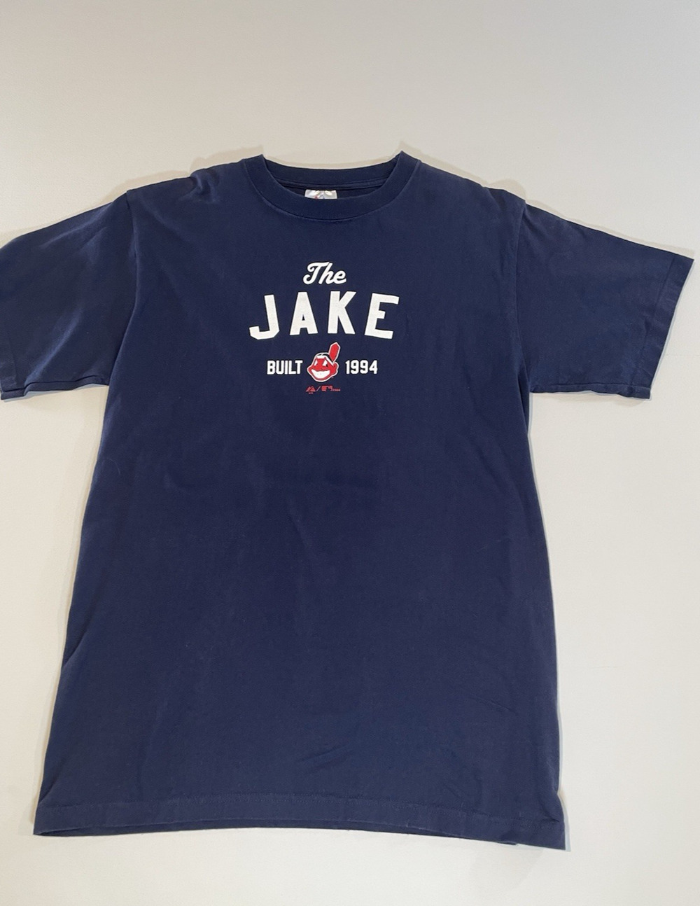 Majestic The Jake Cleveland Indians Shirt Navy Blue Logo Cotton Size L
